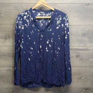 Caslon Navy Blue Floral V-Neck Long Sleeve Blouse Women's Size Medium